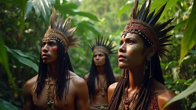 Indigenous warriors stand amidst dense jungle foliage, their feathered headdresses and war paint symbolizing resilience and cultural pride.