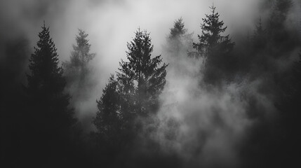 Mystical Forest in Fog: Silhouette of towering pine trees enveloped in a dense, ethereal fog, creating a moody and mysterious atmosphere.