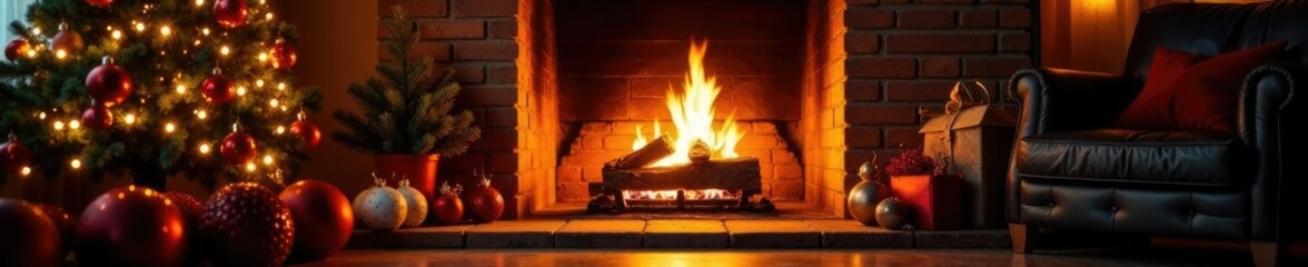 Flickering flames in brick hearth surround festive holiday decorations, christmas cheer, mantel, cozy fireplace