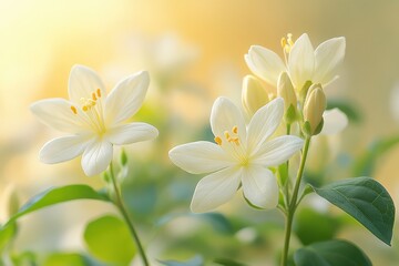 Fototapeta premium Delicate White Flowers Blooming Gracefully Under Soft Sunlight, Captivating Natural Beauty