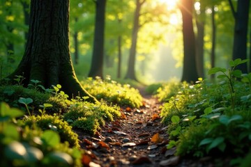 Forest floor bathed in warm sunlight dappled shade, earthy ambiance, sunlight