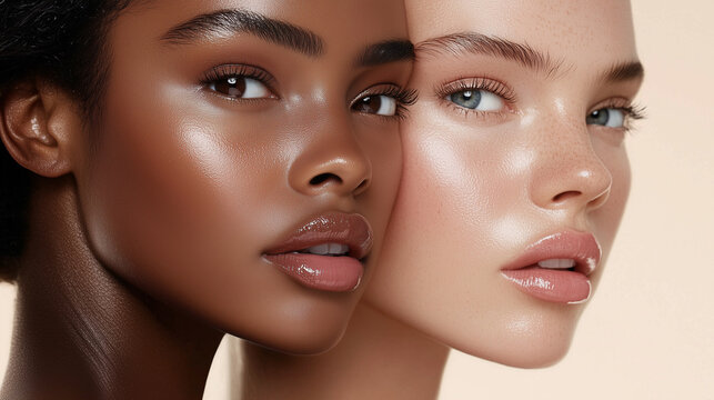 A stunning close-up of two models with glowing skin, showcasing beauty, diversity, and flawless makeup.