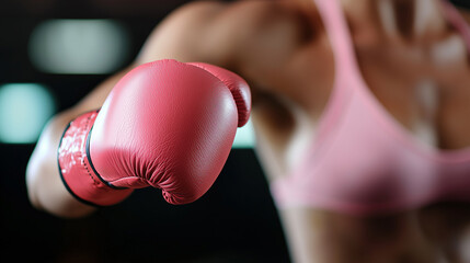 Close-up of a female athlete wearing pink boxing gloves throwing a punch in a dark gym setting.
