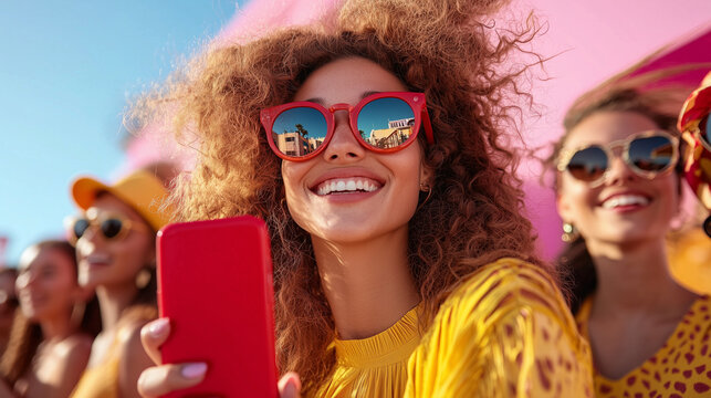 Cheerful woman in red sunglasses and a yellow outfit enjoying an outdoor festival with friends.