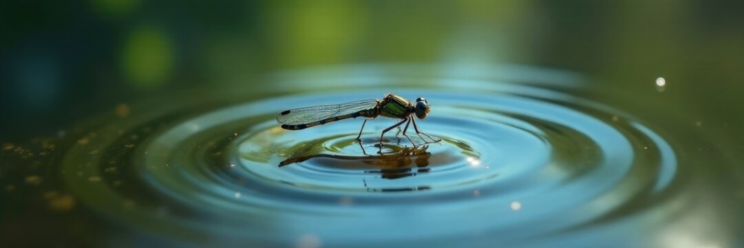 Forktail damselfly hovering above a shallow pool of water, liquid, ripples