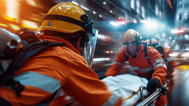 Emergency paramedics in action, rushing a patient on a stretcher through a fast-paced urban environment at night.