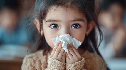 Young girl with big eyes blowing her nose with a tissue in a classroom setting.