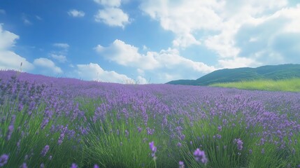 Obraz premium Bright Purple Lavender Field Under Blue Sky With Rolling Hills
