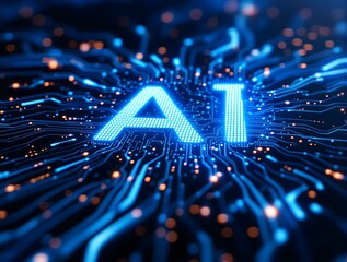 AI technology on black background. Futuristic blue glowing hologram and empty space. dark artificial intelligence concept with text AI