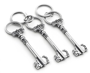 Three ornate silver keys attached to key rings