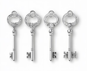 Four ornate silver keys displayed against a white background