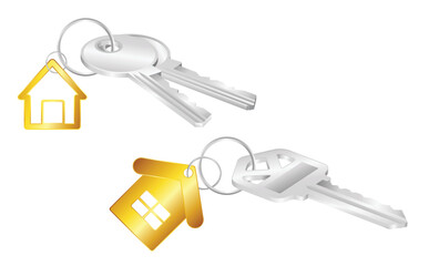 Set illustration of metallic house keychains attached to silver keys, featuring gold house-shaped charms, perfect for real estate, property management, or homeownership themes.