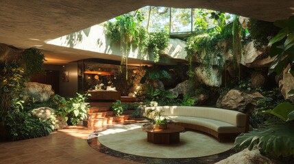 Fototapeta premium Luxurious indoor garden with curved sofa, plants, and natural rock features. Perfect for articles on interior design, biophilic design, or luxury living.