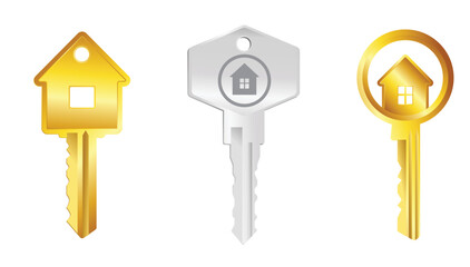 Set illustration of three stylish keys featuring home icons, symbolizing real estate, property ownership, and security. Includes golden and silver designs perfect for use in real estate marketing