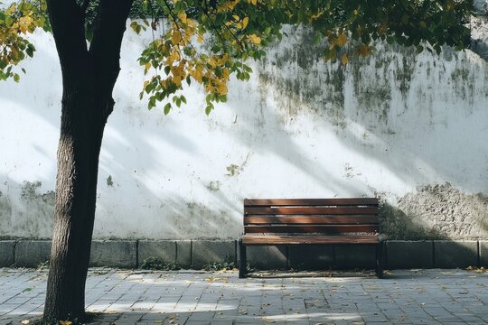 Wooden bench under a tree with autumn leaves near a weathered wall in a calm urban setting. Generative AI