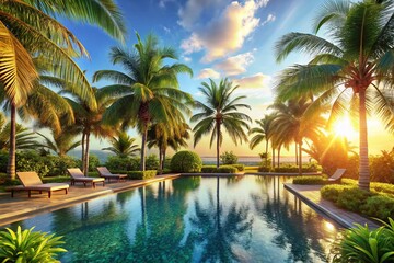 Fototapeta premium Lush Poolside Paradise: Best Palm Trees for Tropical Landscaping