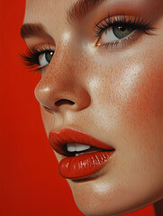 Vibrant Beauty Portrait: A close-up of a woman's face, showcasing flawless skin, a pop of red lipstick, and expressive eyes against a vibrant red background.
