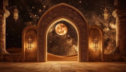 Desert palace archway, night sky, full moon.