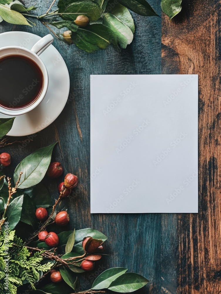 Aufkleber coffee and greenery surrounded by a blank card on a rustic wooden table during morning light. genera