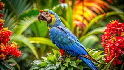 Exotic bird photography showcases a vibrant blue parrot amidst thriving tropical foliage.