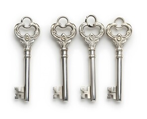 Four ornate silver keys arranged in a row