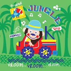 Cartoon monkey driving a red jeep in a jungle setting with palm trees and playful design. Children's jungle adventure concept
