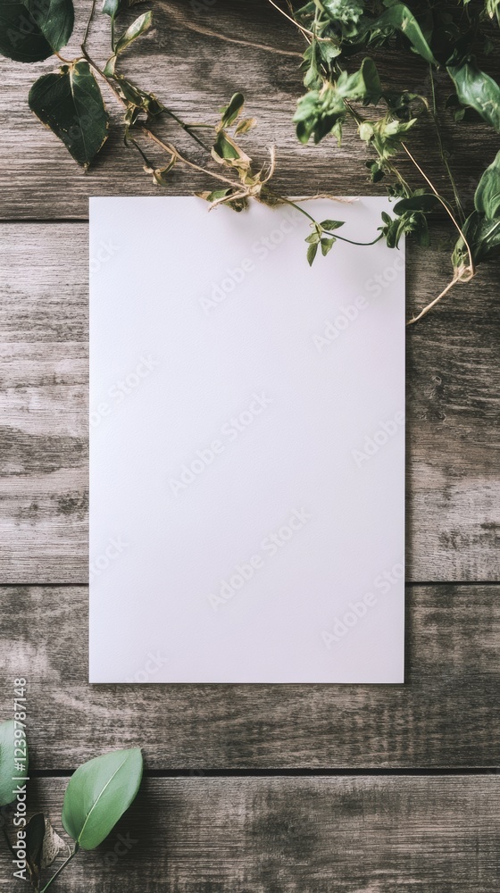 Poster Blank sheet of paper surrounded by green leaves on a rustic wooden table. Generative AI