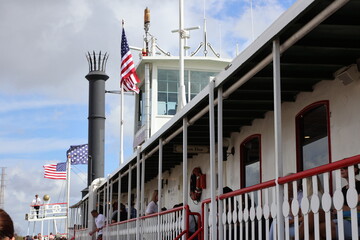 New Orleans, Louisiana city skyline from a steamboat on the Mississippi River