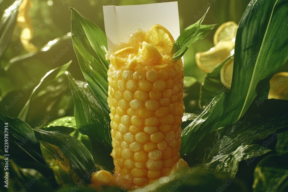 Poster fresh corn cob with lemon slices and blank sign, surrounded by lush green leaves.