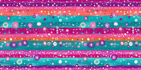 Abstract Striped Delight: A vibrant abstract design with alternating horizontal stripes in shades of pink, turquoise, and orange, embellished with a playful sprinkling of dots and circles.