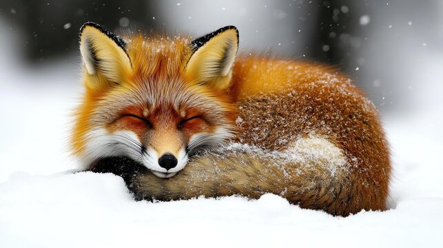 A red fox curled up in the snow, peacefully resting on a cold winter day.
