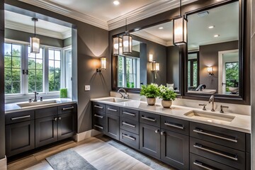 Fototapeta premium Luxurious and Modern Bathroom with Black Cabinets and Double Sinks