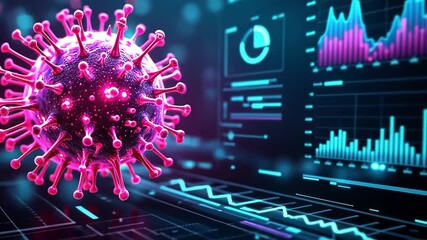 3D virus model with digital graphs illustrating health data trends. - Powered by Adobe