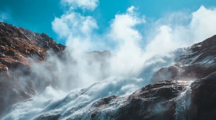 Majestic Waterfall Cascading Down Rocky Cliff with Misty Spray