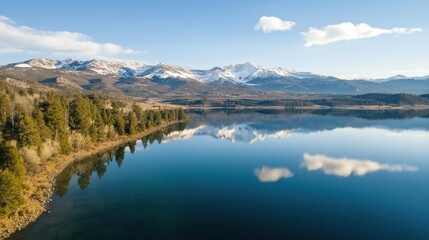 Serene Lake Reflecting Snow Capped Mountains Under Blue Sky