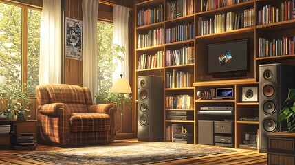 Cozy Living Room with Bookshelf, Armchair, and Home Theater System