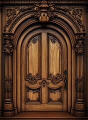Ornate carved wooden double door with arched entryway and pillars.