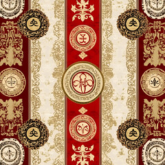 Opulent Ornamentation: An intricate pattern of ornate circular medallions and elaborate symmetrical elements. The artwork exudes luxury and heritage. 