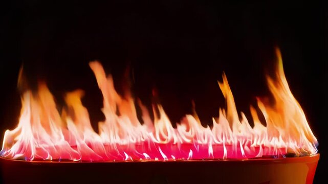 Intense fire flames burning with vibrant orange and pink hues, dancing dynamically against deep black background, revealing raw energy and mesmerizing visual texture