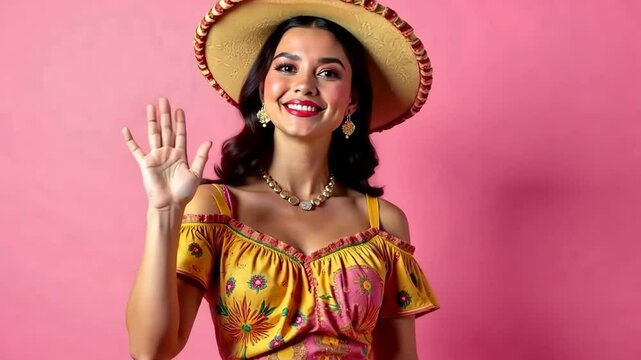 A young woman in a sombrero hat and national Mexican clothes poses on a pink background. Celebration of the Mexican Day of the Dead (El Dia de Muertos). Generative 4k video