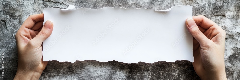 Poster hands holding a torn blank piece of paper against a textured stone background during daylight. gener