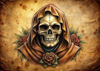 Gothic skull, hooded shadow.  Classic tattoo flash design. Dark vintage style.
