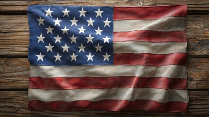 Fototapeta premium Worn American Flag on Rustic Wood Background