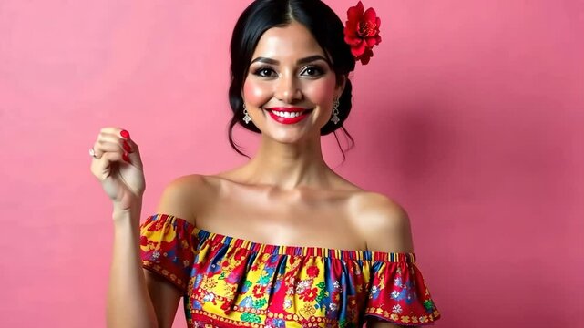 A young woman in a sombrero hat and national Mexican clothes poses on a pink background. Celebration of the Mexican Day of the Dead (El Dia de Muertos). Generative 4k video
