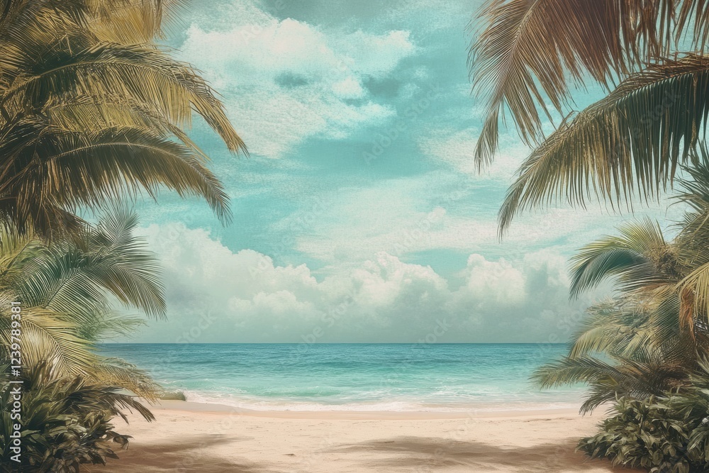 Leinwandbilder beautiful beach view with palm trees and calm ocean under a blue sky on a sunny day. generative ai