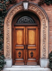 Ornate arched wooden double door entryway.