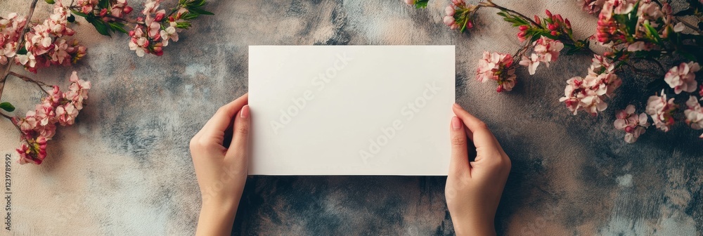 Poster hands holding a blank white card surrounded by blooming flowers on a textured surface in soft natura