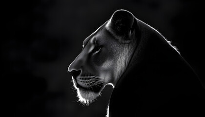Lioness (Panthera leo krugeri) black and white head portrait, Backlit. isolated with white shades