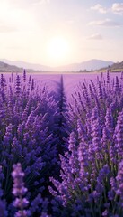 Obraz premium Lavender Field Sunset Rows Of Purple Flowers