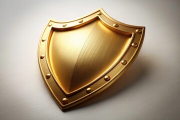 High-depth-of-field image showcasing a luxurious, shiny golden shield; elegant, protective, and set against a stark white backdrop.
